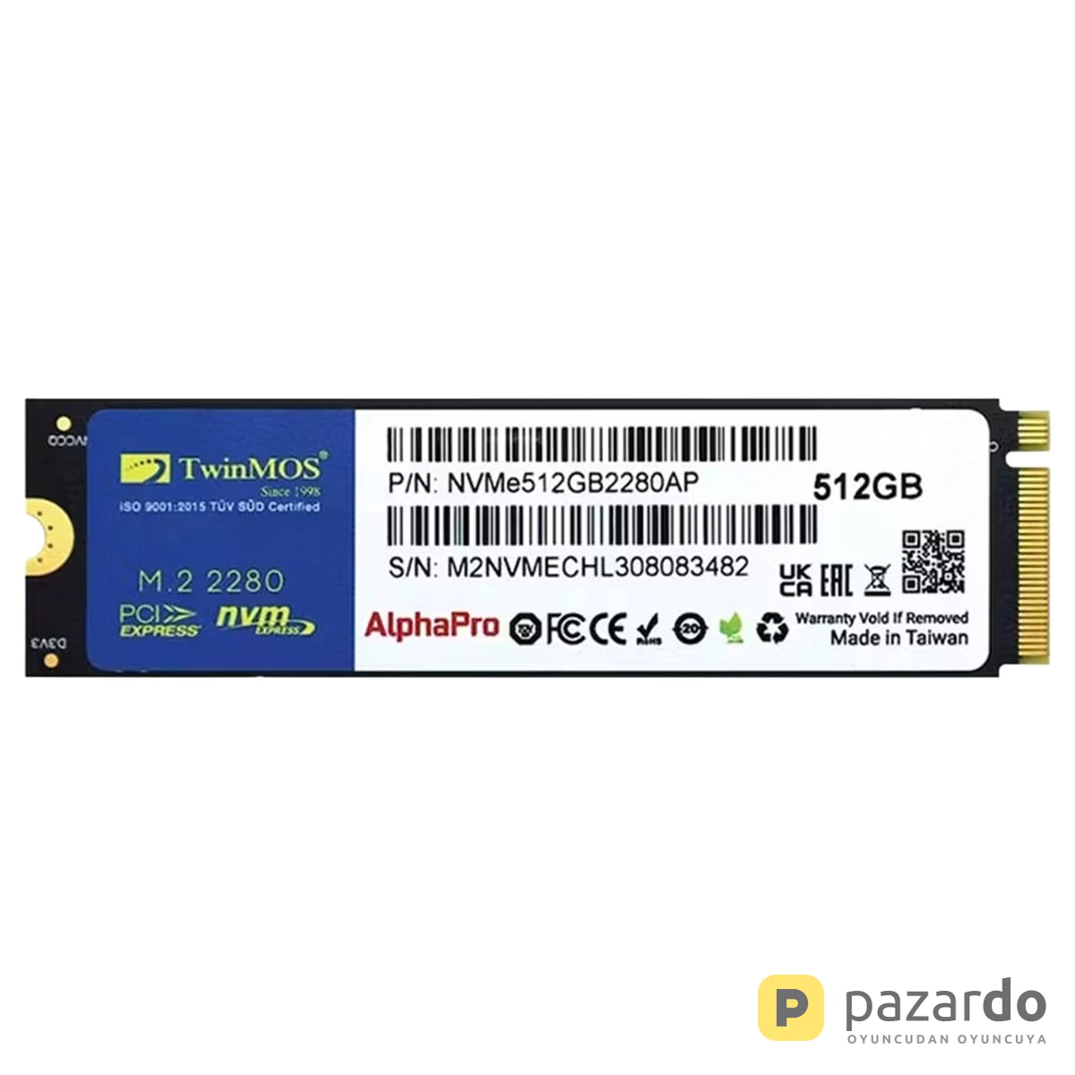 TwinMOS AlphaPro 512GB NVMe PCIe Gen3 x4 Okuma 3600MB – Yazma 3250MB M.2 SSD (NVMe512GB2280AP)